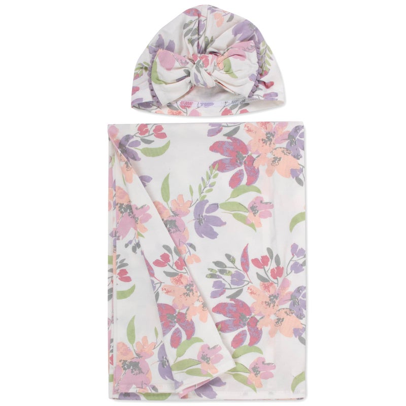 Baby Essentials Baby Cotton Swaddle Blanket Wrap with Headband or Hat Set for Baby Girls, Boys Newborns and Infants 0-6 Months (Colorful Blooms) - Image 2