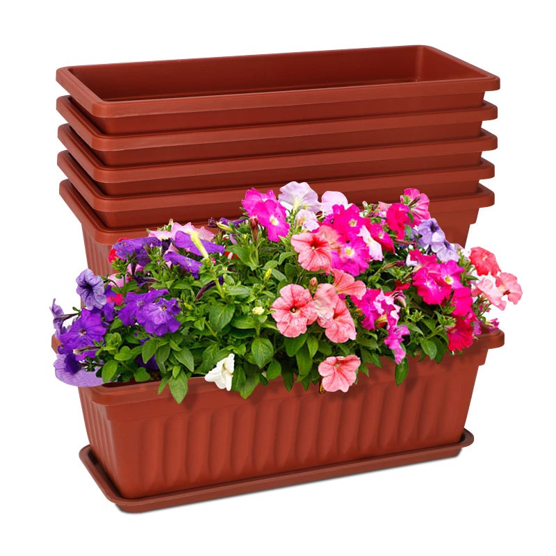 OSMOFUZE 6 Packs Window Box Planter, 17 Inches Flower Window Box Rectangular Plastic Vegetable Planters with Trays for Windowsill, Patio, Garden, Balcony, Brick Red - Image 1