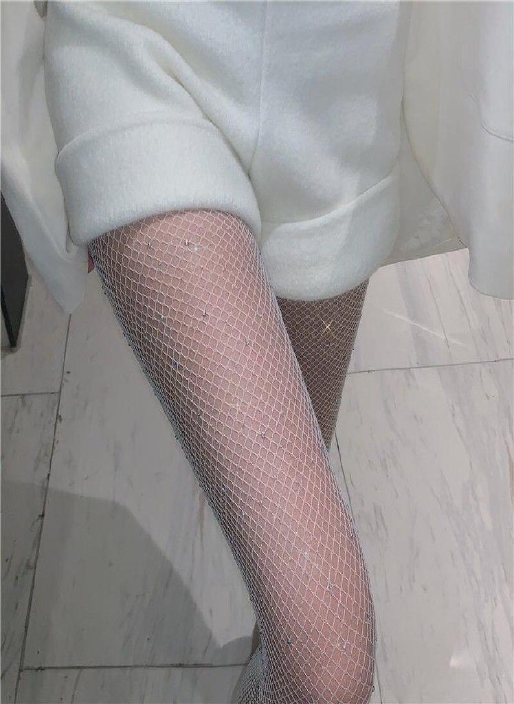 Joychic Women's diamond tight pants, rhinestone mesh sparkling mesh socks, sparkling mesh high waisted pantyhose, women's white tight pants - Image 1
