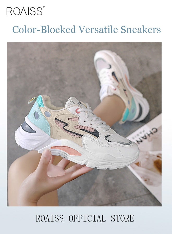 roaiss Ladies Sports Shoes Casual Thick Sole Outdoors Shoes Colorblock Breathable Wear-Resistant Low-Top Sneakers Women's Fashion All-Match Platform 4 Cm Sneakers Athlesiure Shoes  - Image 1