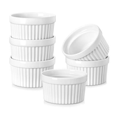 MALACASA Ramekins 6 oz Oven Safe Porcelain Creme Brulee Ramekins Pudding Custard Cups Small Ceramic Souffle Dishes Ramakan Ramiken Ramicans Baking Bowls Set of 6 White Series RAMEKINDISH