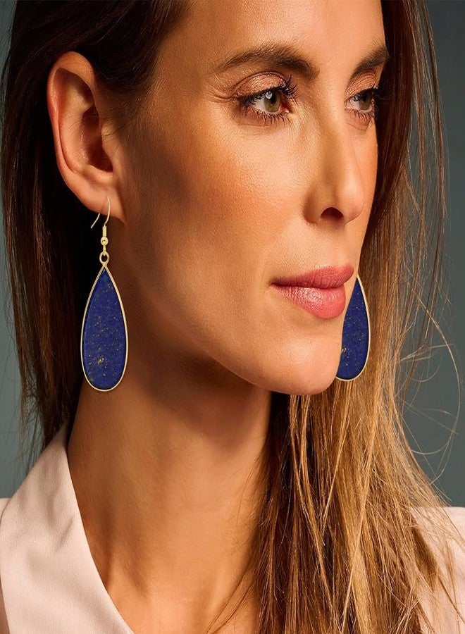 Wovanoo Natural Stone Earrings for Women Teardrop Dangle Earrings Crystal Statement Drop Earring Oval Blue - Image 3