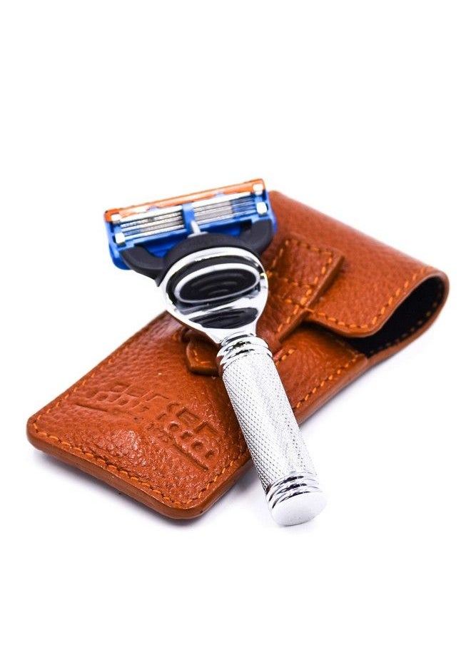 Parker Safety Razor 5 Blade Gillette Fusion Compatible Travel Razor With Luxurious Saddle Leather Case  - Image 3