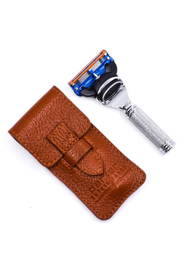 Parker Safety Razor 5 Blade Gillette Fusion Compatible Travel Razor With Luxurious Saddle Leather Case  - Image 2