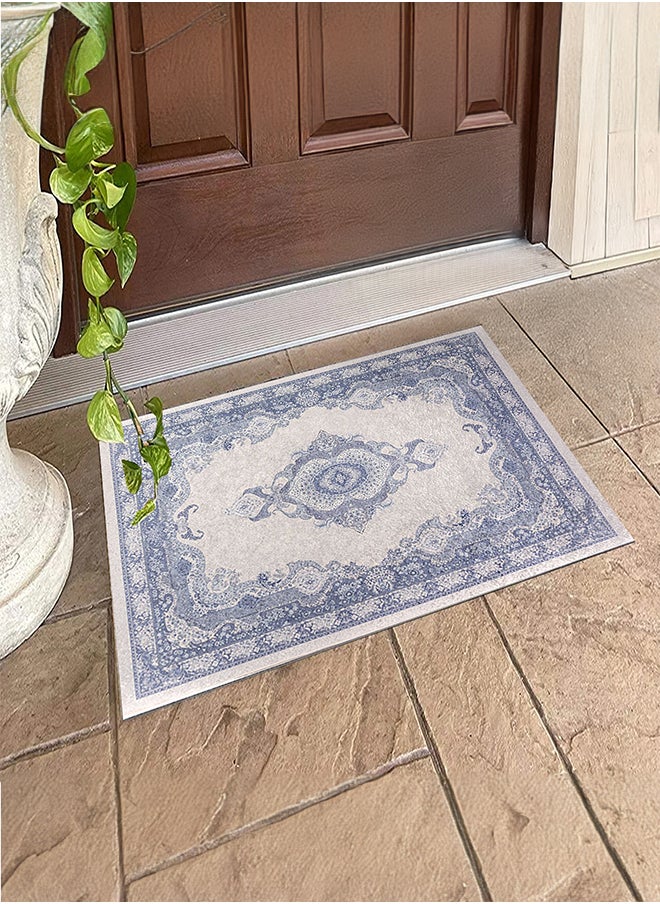 In-House Soft Velvet Turkish Rectangular Door & Bath Mat - Blue - 60x40 cm  - Image 1
