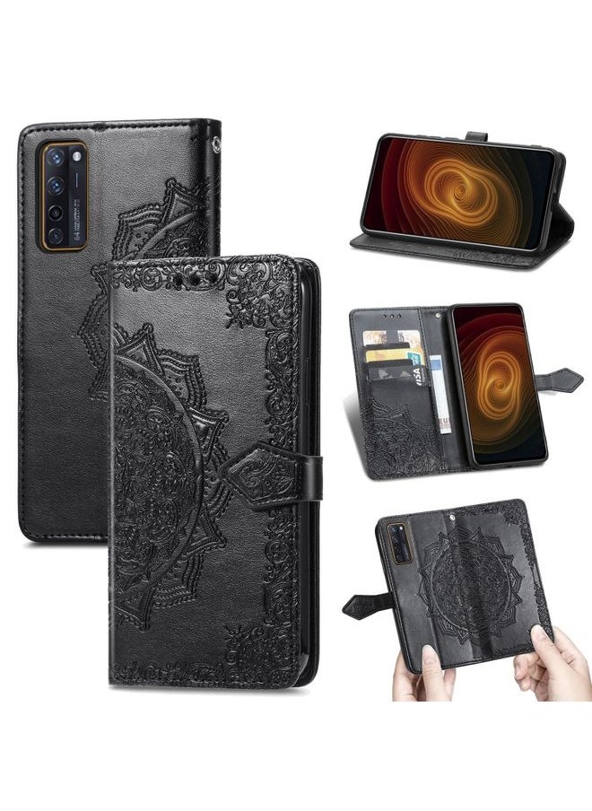 HuHa Case Cover For ZTE Axon 20 5G Mandala Flower Embossed Horizontal Flip Leather Case with Holder & Three Card Slots & Wallet & Lanyard(Black) 
