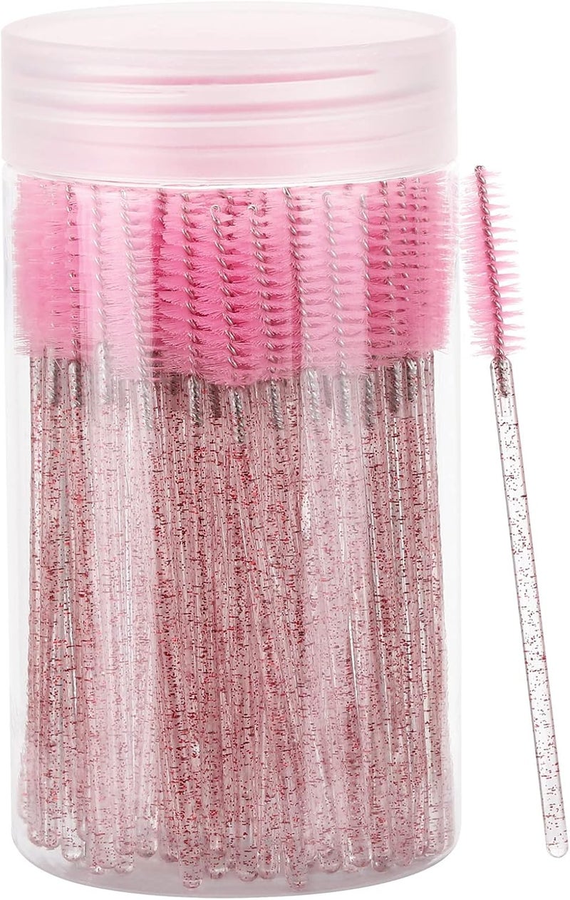 Tbestmax 100 Pcs Disposable Mascara Wands, Lash Brushes with Container, Crystal Eyebrow Spoolies Brush for Eyelash Extensions (Pink, Hotpink) - Image 1