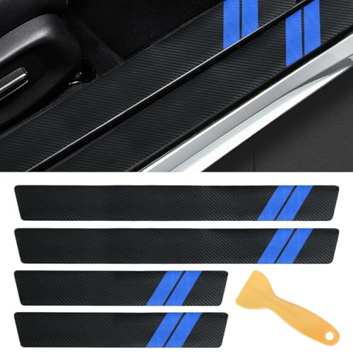 BDZMC Car Door Sill Protector Carbon Fiber Texture Threshold Sticker Car Door Edge Guard with Scraper FrontRear Car Door Sill Protector Strip Door Entry Guard Decoration Accessories Blue 5PCS - Image 1