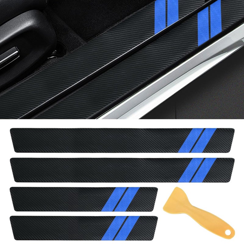 BDZMC Car Door Sill Protector Carbon Fiber Texture Threshold Sticker Car Door Edge Guard with Scraper FrontRear Car Door Sill Protector Strip Door Entry Guard Decoration Accessories Blue 5PCS - Image 3