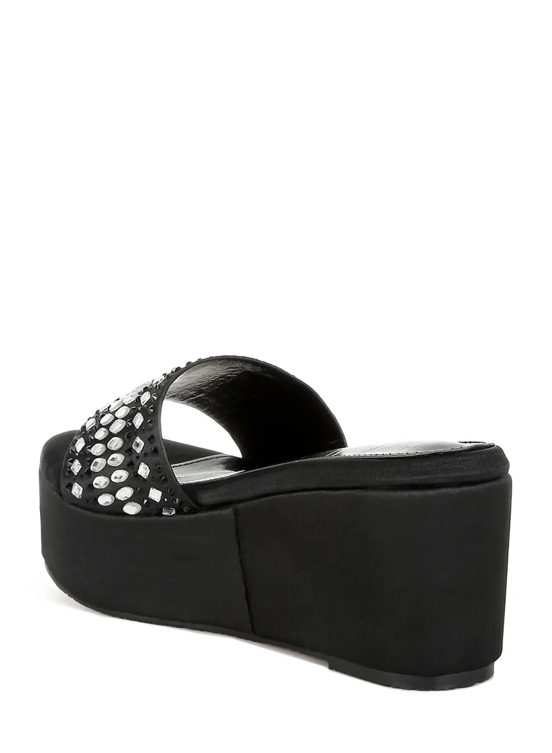 London Rag Diamante &amp; Rhinestone Detail Flatform Sandals in Black