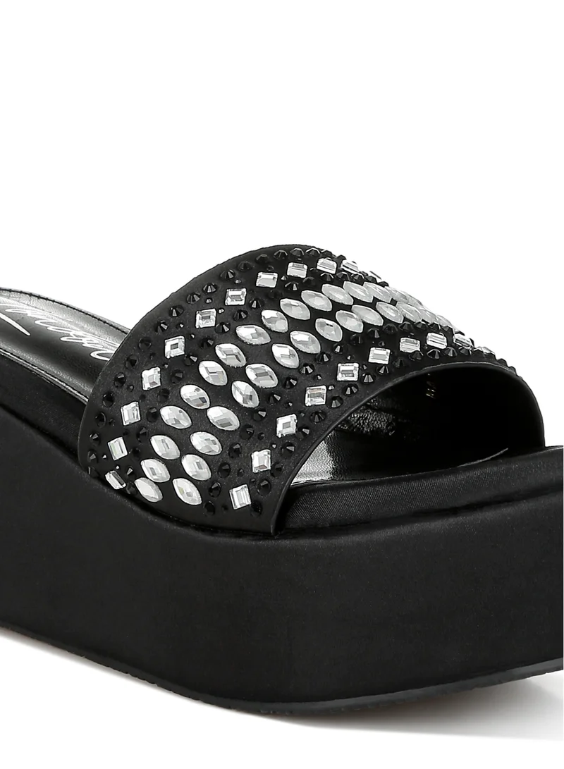 London Rag Diamante &amp; Rhinestone Detail Flatform Sandals in Black