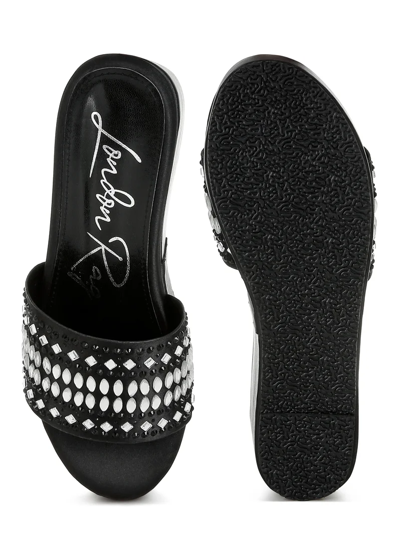 London Rag Diamante &amp; Rhinestone Detail Flatform Sandals in Black