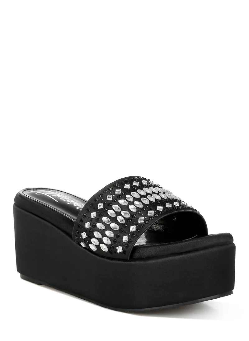 London Rag Diamante & Rhinestone Detail Flatform Sandals in Black