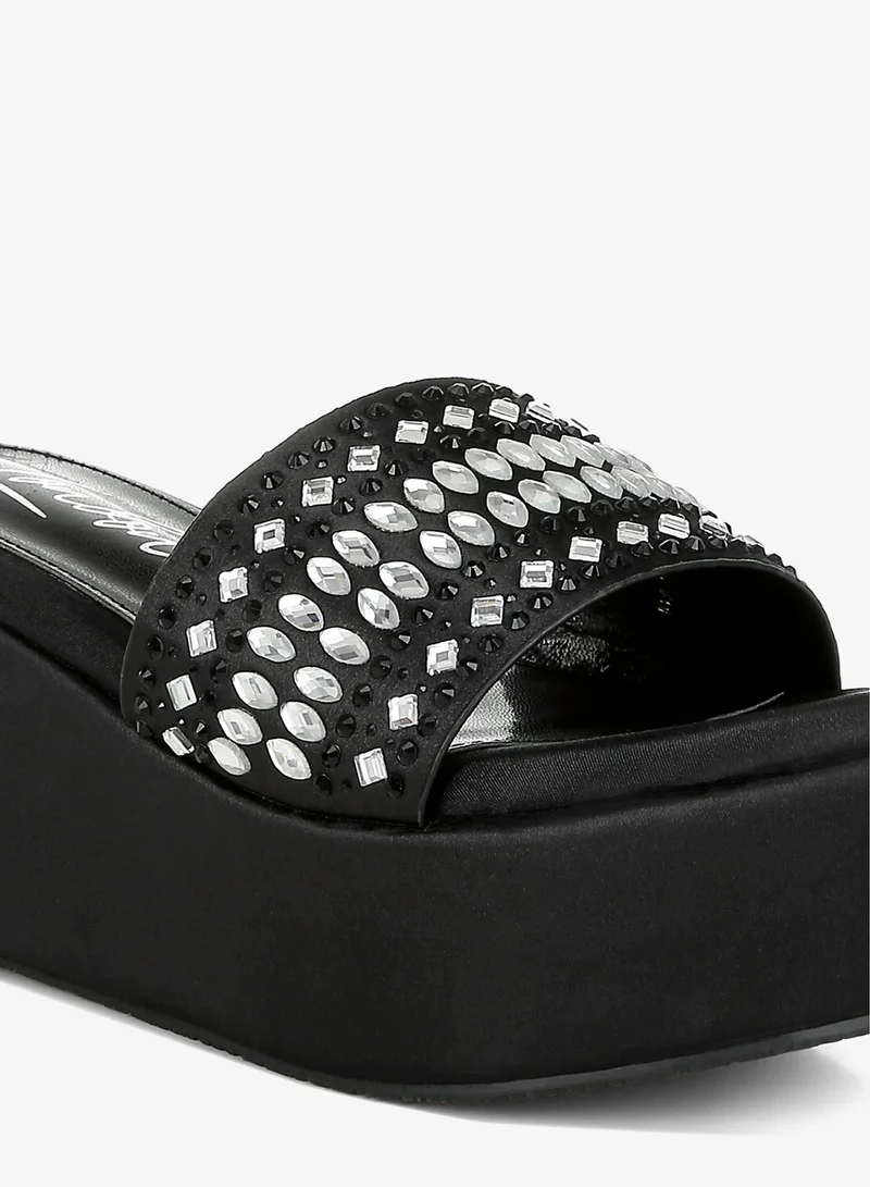 London Rag Diamante &amp; Rhinestone Detail Flatform Sandals in Black