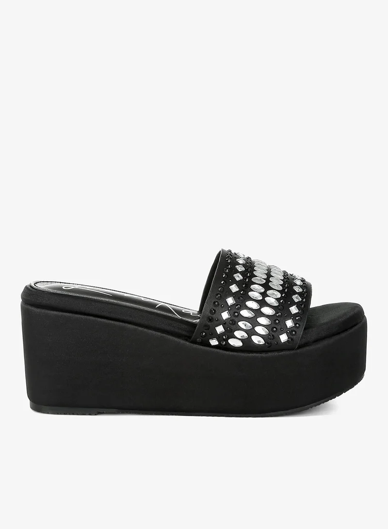 Diamante & Rhinestone Detail Flatform Sandals in Black