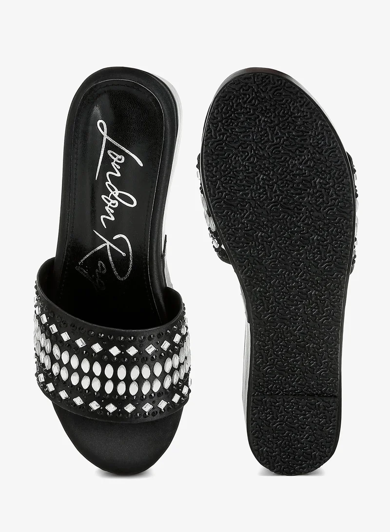 London Rag Diamante &amp; Rhinestone Detail Flatform Sandals in Black