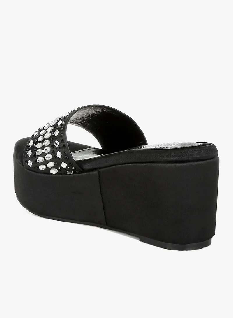 London Rag Diamante &amp; Rhinestone Detail Flatform Sandals in Black