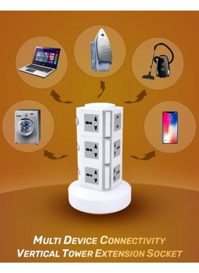 3 Layer Universal Vertical Multi Socket Tower Extension Outlet with USB Ports 2.5M Cord and UK-Plug Power Strip