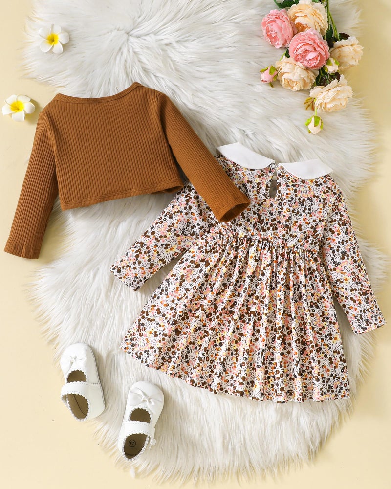 Mioglrie Baby Girl Dress 6 9 12 Months Infant Fall Winter Outfits Casual Playwear 2Pcs Floral Brown Dress Cute Coat Baby Girl Clothes - Image 5