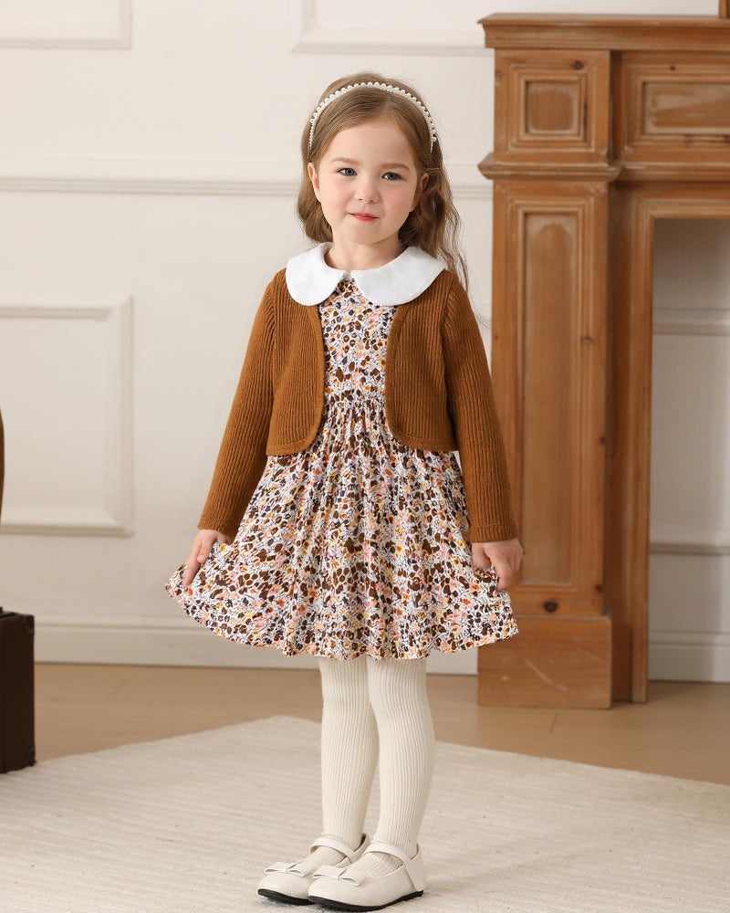 Mioglrie Baby Girl Dress 6 9 12 Months Infant Fall Winter Outfits Casual Playwear 2Pcs Floral Brown Dress Cute Coat Baby Girl Clothes - Image 3