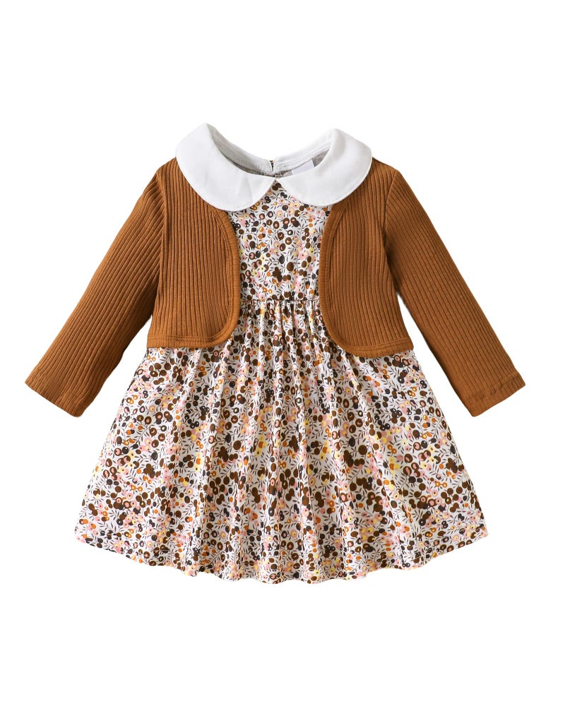 Mioglrie Baby Girl Dress 6 9 12 Months Infant Fall Winter Outfits Casual Playwear 2Pcs Floral Brown Dress Cute Coat Baby Girl Clothes - Image 1