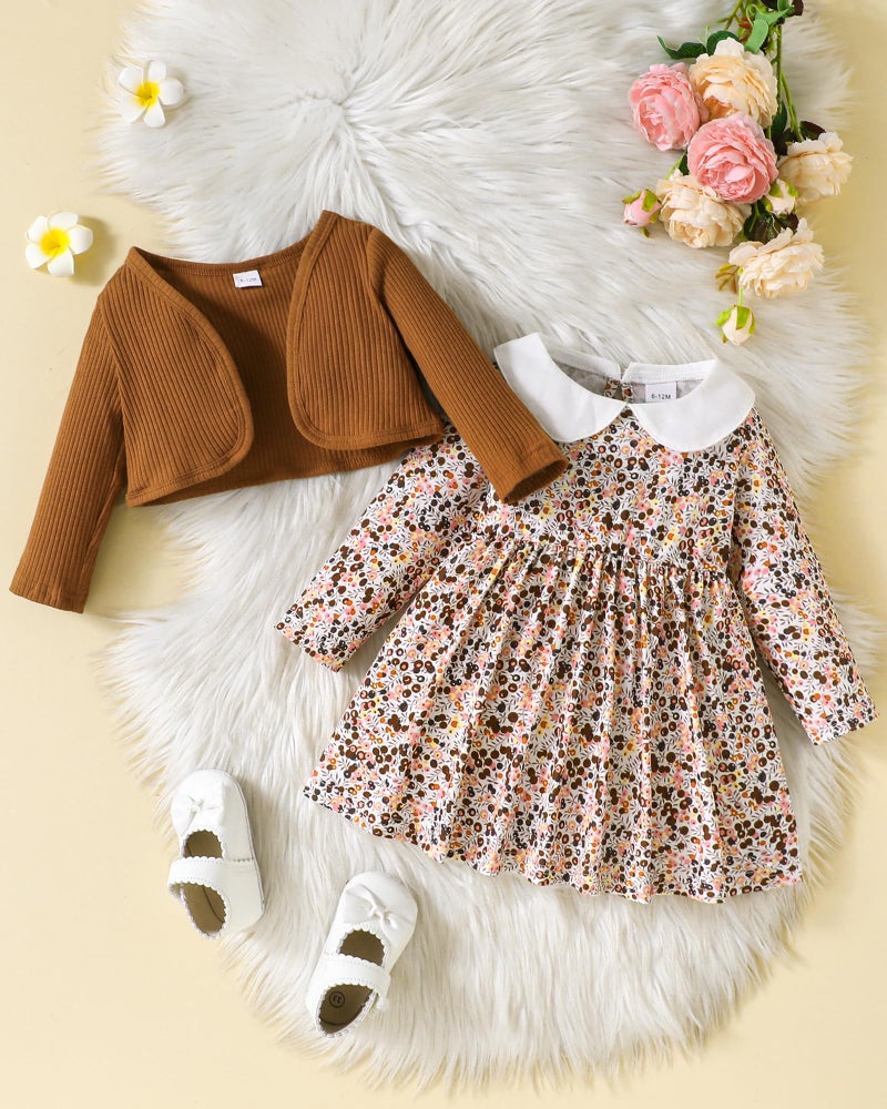 Mioglrie Baby Girl Dress 6 9 12 Months Infant Fall Winter Outfits Casual Playwear 2Pcs Floral Brown Dress Cute Coat Baby Girl Clothes - Image 4