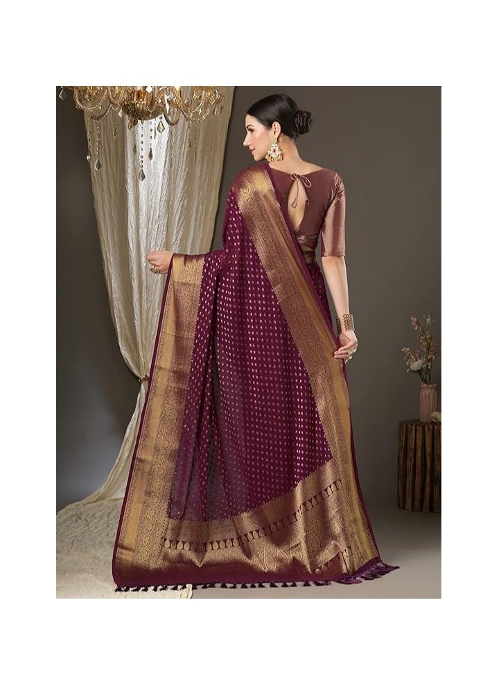 Accessorize Kingdom - Women's Georgette Zari Woven Design Kanjeevaram Saree With Unstitched Blouse Piece - Image 1