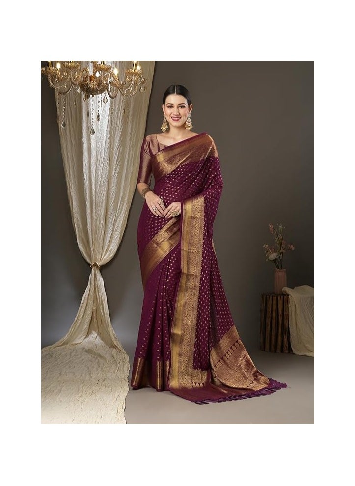 Accessorize Kingdom - Women's Georgette Zari Woven Design Kanjeevaram Saree With Unstitched Blouse Piece - Image 1