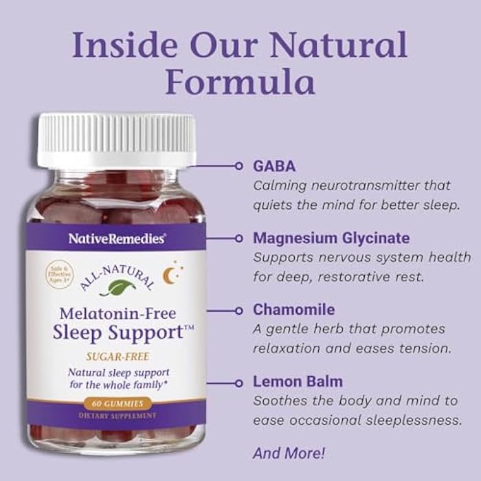 Native Remedies Melatonin-Free Sleep Gummies – Sugar-Free Herbal Formula with GABA, Magnesium, L-Theanine & Valerian – Sleep Aid Natural Support for Adults - 60 Calm Gummy Vitamins - Image 4