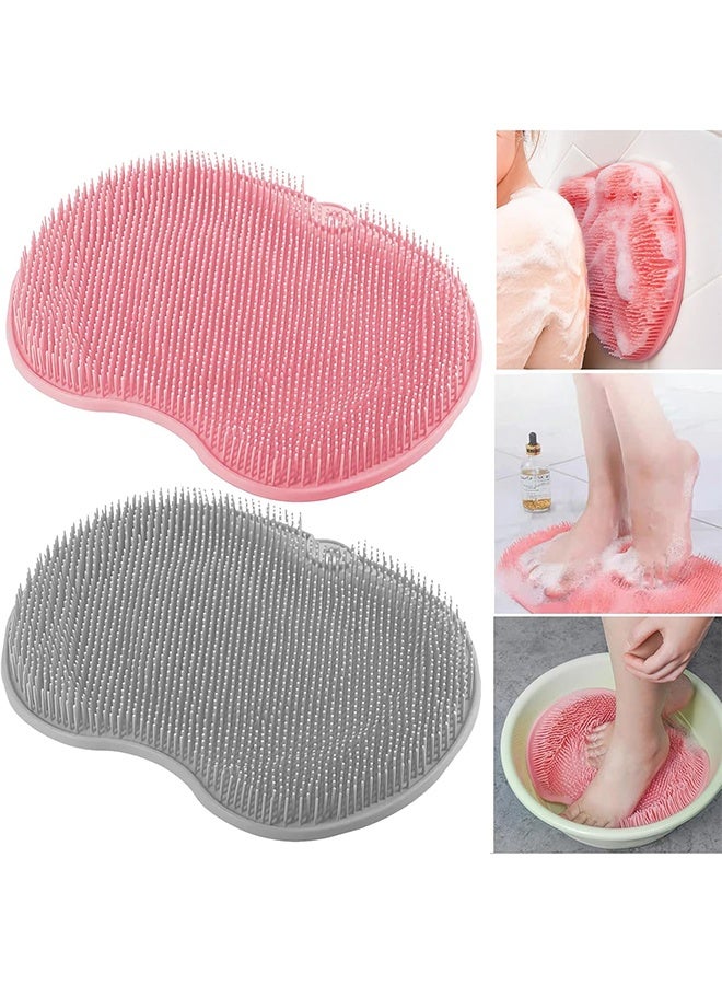 طقم مكون من 2 من حصيرة فرك القدمين للاستحمام، فرشاة خلفية مثبتة على الحائط، وسادة تدليك للحمام من السيليكون مع أكواب شفط مانعة للانزلاق، فرشاة للقدم للاستخدام في الحمام لتحسين تقشير الجلد (رمادي ووردي) - Image 1