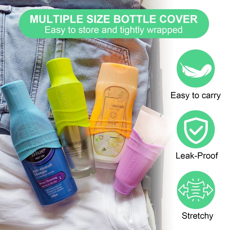 leevanoo 8 Pcs Silicone Bottle Covers for Travel, Leak-Proof Elastic Sleeves for Shampoo & Toiletries, Multi-Size Fit for Standard & Travel Size Bottles, Cruise & Airplane Essentials for Women & Men - Image 3