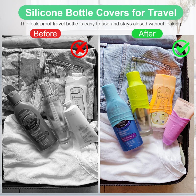 leevanoo 8 Pcs Silicone Bottle Covers for Travel, Leak-Proof Elastic Sleeves for Shampoo & Toiletries, Multi-Size Fit for Standard & Travel Size Bottles, Cruise & Airplane Essentials for Women & Men - Image 2