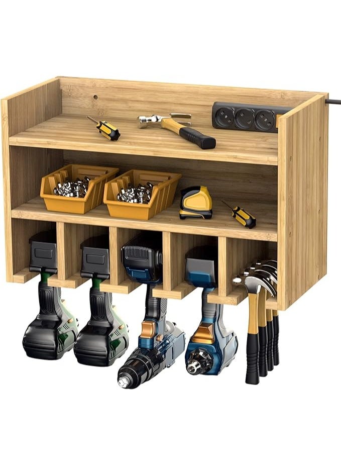 Purbambo منظم أدوات كهربائية مثبت على الحائط - رف تخزين أدوات خشبي شديد التحمل مع حاملات مثقاب ورف - منظم أدوات لاسلكي للمرآب أو ورشة العمل أو السقيفة أو غرفة الأدوات - Image 1