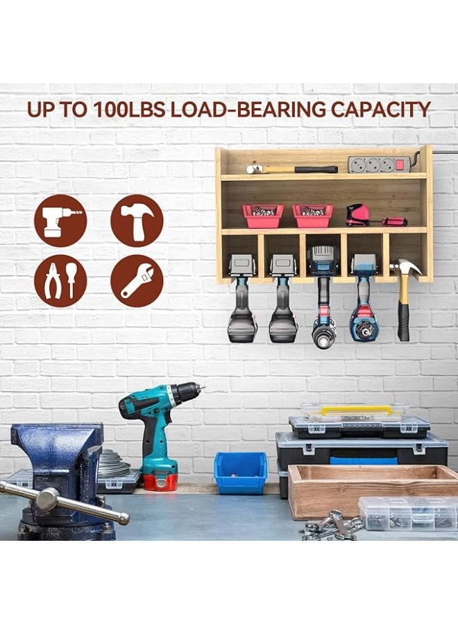 Purbambo منظم أدوات كهربائية مثبت على الحائط - رف تخزين أدوات خشبي شديد التحمل مع حاملات مثقاب ورف - منظم أدوات لاسلكي للمرآب أو ورشة العمل أو السقيفة أو غرفة الأدوات - Image 4