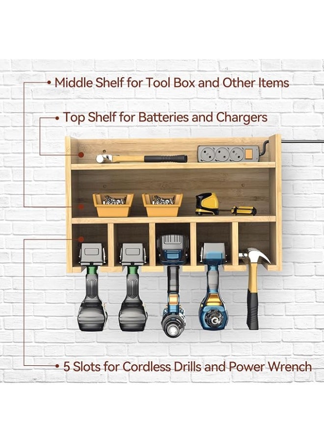 Purbambo منظم أدوات كهربائية مثبت على الحائط - رف تخزين أدوات خشبي شديد التحمل مع حاملات مثقاب ورف - منظم أدوات لاسلكي للمرآب أو ورشة العمل أو السقيفة أو غرفة الأدوات - Image 2