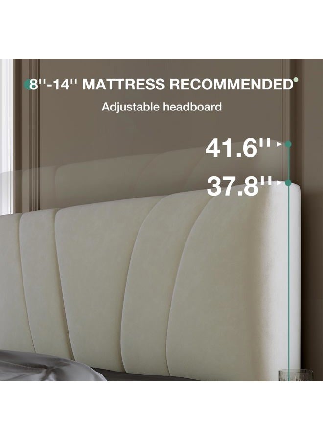 Novilla Queen Bed Frame, Queen Size Bed Frame with Wooden Slats Support, Velvet Upholstered Headboard, No Box Spring Needed, Heavy Duty Feet, Easy Assembly, White Velvet - Image 4