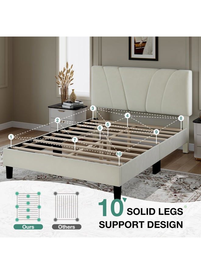 Novilla Queen Bed Frame, Queen Size Bed Frame with Wooden Slats Support, Velvet Upholstered Headboard, No Box Spring Needed, Heavy Duty Feet, Easy Assembly, White Velvet - Image 5