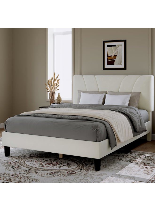 Novilla Queen Bed Frame, Queen Size Bed Frame with Wooden Slats Support, Velvet Upholstered Headboard, No Box Spring Needed, Heavy Duty Feet, Easy Assembly, White Velvet - Image 3