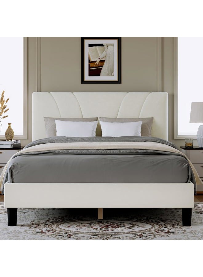Novilla Queen Bed Frame, Queen Size Bed Frame with Wooden Slats Support, Velvet Upholstered Headboard, No Box Spring Needed, Heavy Duty Feet, Easy Assembly, White Velvet - Image 1