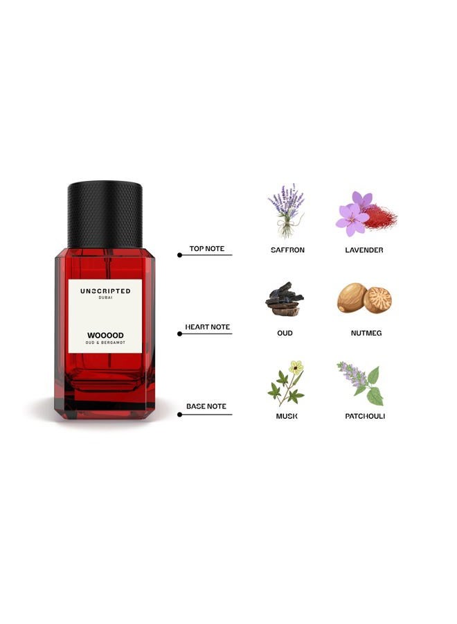 Unscripted Dubai Wooood Eau de Parfum, Oud & Bergamot Luxury Fragrance, 50ml Glass Bottle, Long-lasting Unisex Scent with Saffron, Lavender, Musk Notes - Image 3