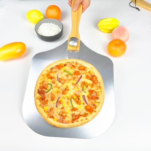 KLAQQED Pizza Peel 12 x 14inches, Pizza Paddle Pizza Spatula Shovel Pizza Cutter, Pizza Peel with Foldable Wood Handle, Aluminum Pizza Turner Peel Tools Making Accessories for Baking Pizza Bread - Image 2