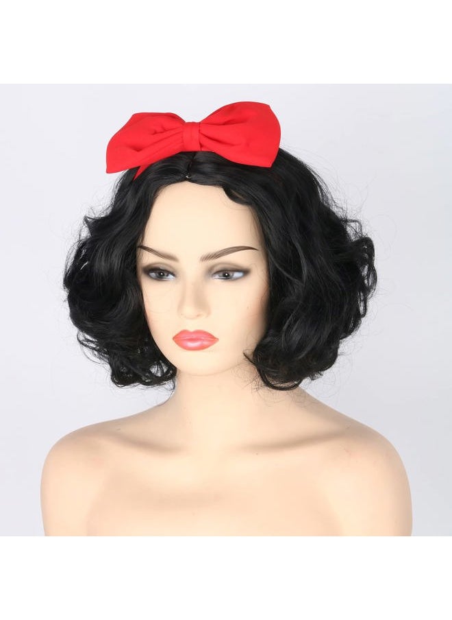 Topcosplay - Women Wig Black Short Curly Cosplay Wigs with Bow Headband Halloween Costume Party Wigs - Image 1