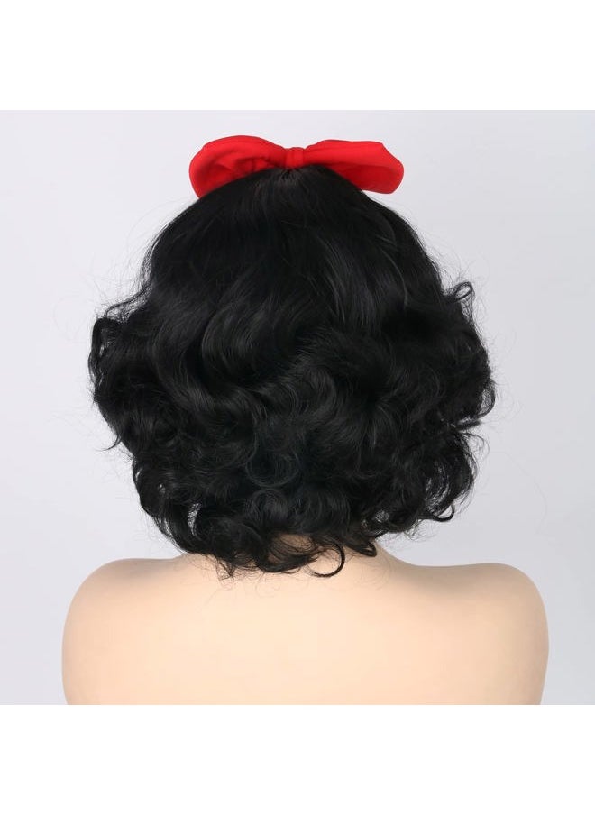 Topcosplay - Women Wig Black Short Curly Cosplay Wigs with Bow Headband Halloween Costume Party Wigs - Image 1