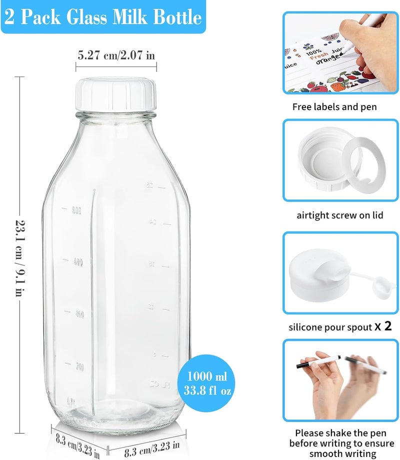 Syntic 2 Pack Glass Milk Bottle with 2 Dispenser Caps, 100% Airtight Heavy Duty Screw Lid. 32 Oz Reusable Glass Water Jug with 3 Lids! Breast Milk Pitcher, Buttermilk, Nut, Juice, Syrup, Coffee Creamer - Image 2