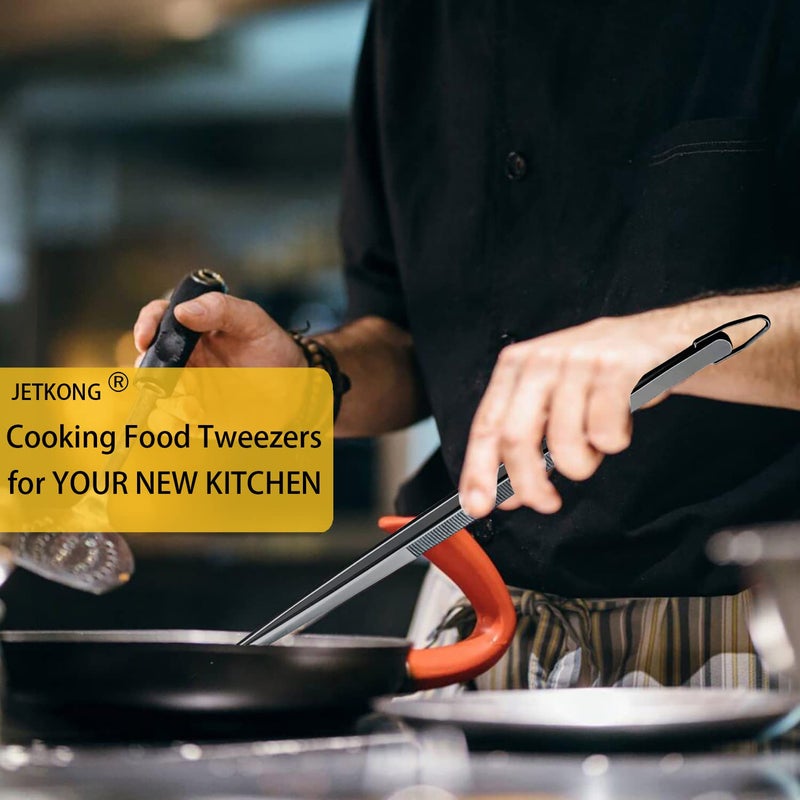 Jetkong 2 Pcs 12-Inch Food Tweezer Tongs  Stainless Steel Kitchen Tweezer Cooking Tweezers (Black) - Image 3