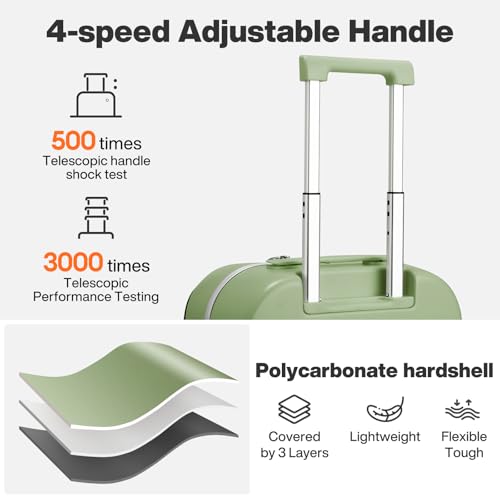 mixi 20 Inch Carry On Luggage 22x14x9 Airline Approved PC Hard Shell Suitcase Top Opening Aluminum Frame Travel Suitcases with Wheels, Avocado Green - Image 4