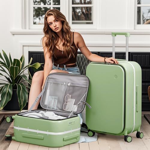 mixi 20 Inch Carry On Luggage 22x14x9 Airline Approved PC Hard Shell Suitcase Top Opening Aluminum Frame Travel Suitcases with Wheels, Avocado Green - Image 2