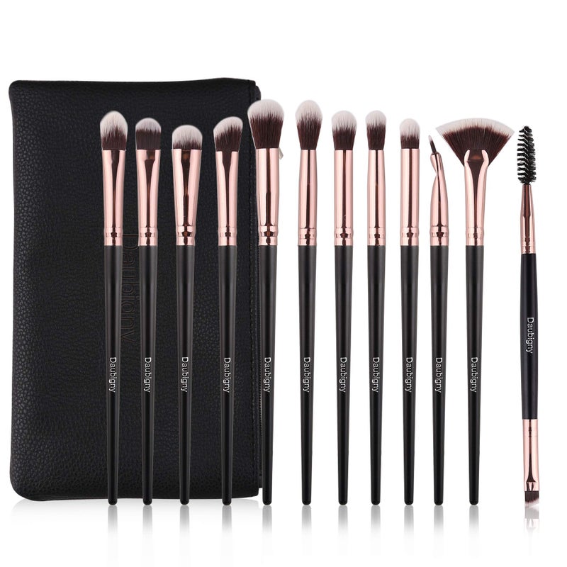 Daubigny Eye Makeup Brushes, 12 PCS Professional Eye shadow, Concealer, Eyebrow, Foundation, Powder Liquid Cream Blending Brushes Set With Carrying Bag (Black) - Image 1