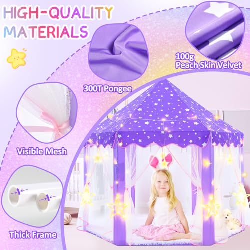 EVOIONOS Purple Princess Tent for Girls Kids Play Tent with Large Star Lights Castle Playhouse for Children Indoor Outdoor Games 55 x 53 inches - Image 5