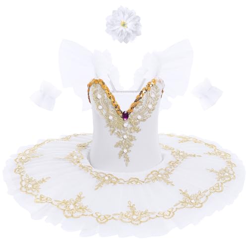 IBAKOM Ballet Leotards for Girl Gold Floral Flutter Sleeve Shiny Swan Lake Little Ballerina Platter Tutu Kid Professional Ballet Dance Pancake Dress Toddler Swan Lake Outfits White 78 Years - Image 1